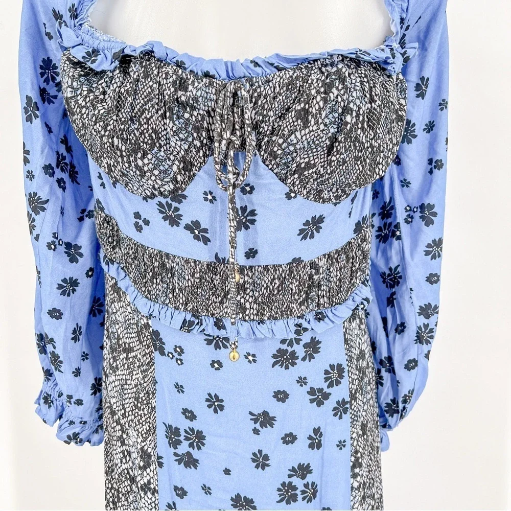 NWT Free People Tigerlily Long Sleeve Maxi Dress Blue Boho Vacay Relax